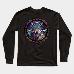 Majestic Tribal Wolf in Stained Glass Long Sleeve T-Shirt